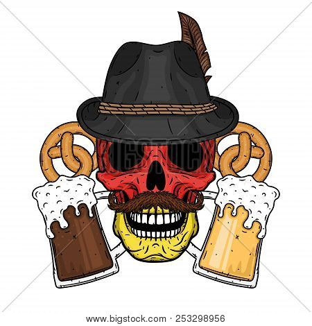 Vector Illustration Of Oktober Fest. Skull In Tyrolean Hat, With Pretzels And Glasses Of Beer.