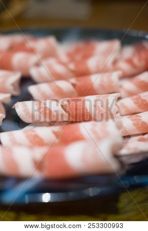 Pork Meat Source Of Protein Thin Slice, Close Up