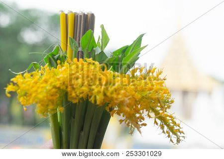 The Globba Schombugkii Flowers With Candle And Joss Stick Offering That Thai Buddhism Prepare For Of