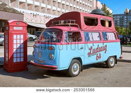 Krasnoyarsk, Russia - August 11, 2018: Volkswagen Transporter T2 The Minibus Equipped For Sale Of Co