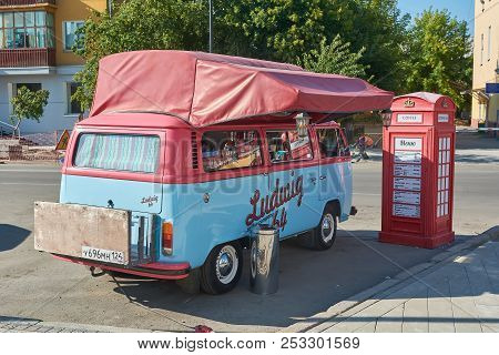 Krasnoyarsk, Russia - August 11, 2018: Volkswagen Transporter T2 The Minibus Equipped For Sale Of Co