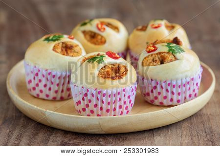 Homemade Soft And Sticky Bun Filled With Dried Shredded Pork Or Pork Floss And Shrimp Roasted Chili