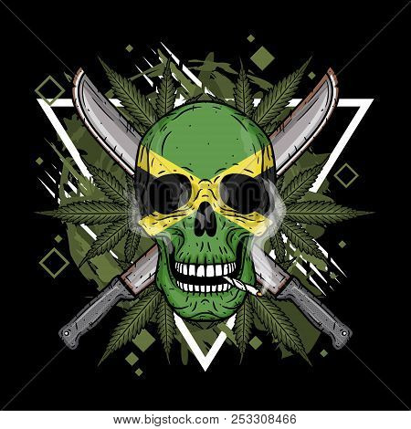 Human Skull With Two Crossed Machetes, Marijuana Leaf And Jamaican Flag In Hand Drawn Style. Rastama