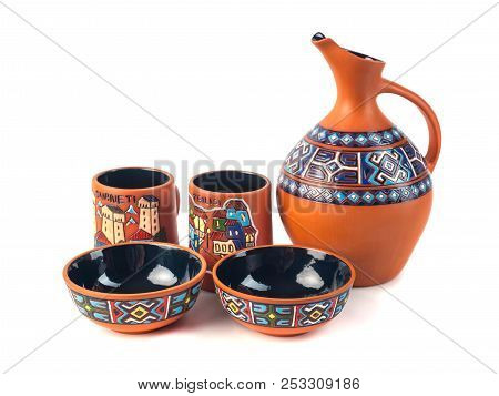 Georgian Handmade Ceramic (clay) Jug With Traditional Ornaments On It, Named Doqi, And Cup, Named Ta