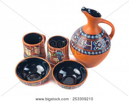 Georgian Handmade Ceramic (clay) Jug With Traditional Ornaments On It, Named Doqi, And Cup, Named Ta
