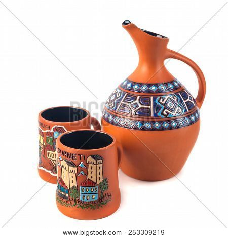 Georgian Handmade Ceramic (clay) Jug With Traditional Ornaments On It, Named Doqi, And Cup, Named Ta