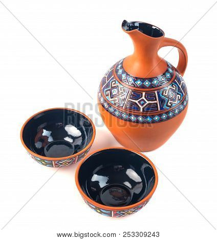Georgian Handmade Ceramic (clay) Jug With Traditional Ornaments On It, Named Doqi, And Cup, Named Ta