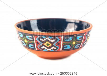 Georgian Clay Pottery (tasi) With Traditional Ornaments On It. White Background