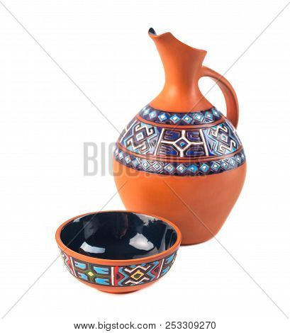 Georgian Handmade Ceramic (clay) Jug With Traditional Ornaments On It, Named Doqi, And Cup, Named Ta