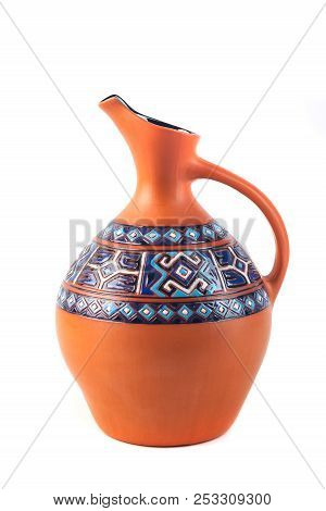 Georgian Handmade Ceramic Jug With Traditional Ornaments On It, Named Doqi, For Wine And Water On Wh