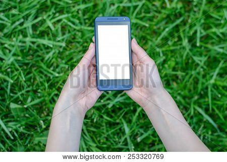 Technology And Nature. Hands Holding Mobile Phone With White Blank Screen Over Background Of Grass