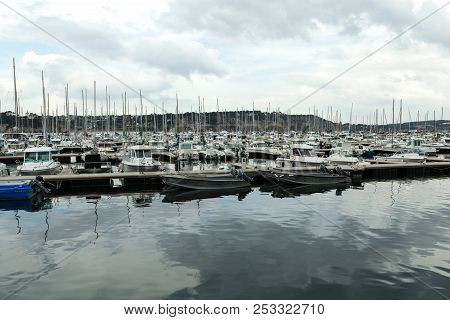 Morgat, France 29 May 2018 Panoramic Outdoor View Of Sete Marina Many Small Boats And Yachts Aligned