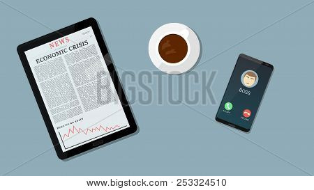 Bad News For Economics And Business Down Chart, Negative Arrow On Tablet While Boss Calls. Coffe And