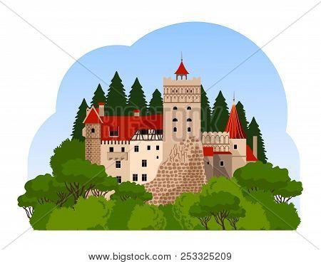 Bran Castle, Travel To Transylvania. Flat Cartoon Style. Vector Illustration