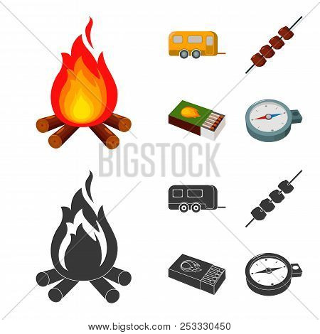 Trailer, Shish Kebab, Matches, Compass. Camping Set Collection Icons In Cartoon, Black Style Vector 