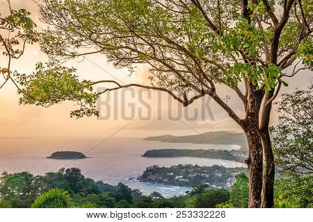 Seascape Landscape Nature With Tree And Sunset In Twilight, Phuket View Point With Color Of The Suns