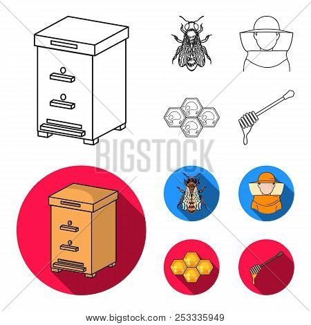 The Bee, The Bee-keeper In The Mask, The Honeycomb Of The Honey.apiary Set Collection Icons In Outli