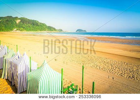 Zarauz City Beach With Yellow Sand And Blue Sea Water, Pais Vasco, Spain, Retro Toned
