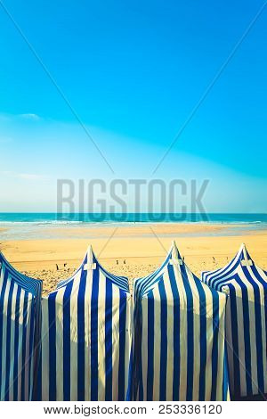 Colorful Blue And White Tents Of Zarauz Beach, Pais Vasco, Spain, Retro Toned