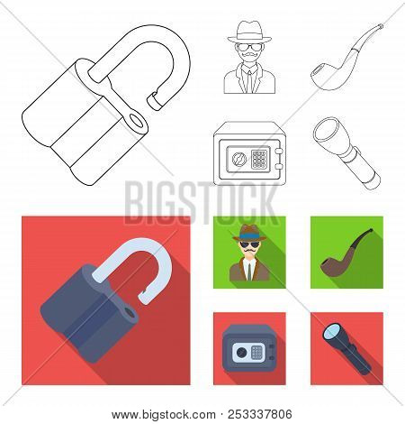 Lock Hacked, Safe, Smoking Pipe, Private Detective.detective Set Collection Icons In Outline, Flat S