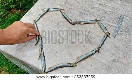 The Hand Takes The Fish. Heart Of Food. Heart Of Capelin Fish. Creation.