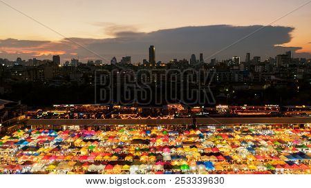 Bangkok, Thailand - March 20, 2017: Top View Of Colorful Tent Retail Shop With Night Light At Talad 