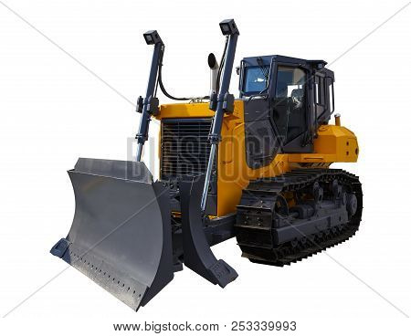 The Image Of A Yellow Tractor. Crawler Bulldozer. Isolated On White.