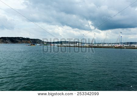 Morgat, France 29 May 2018 Panoramic Outdoor View Of Sete Marina Many Small Boats And Yachts Aligned