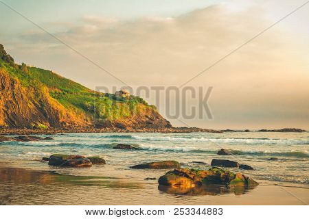Cantabrian Sea Coast, Beach Of Deba At Sunset, Pais Vasco Spain, Toned