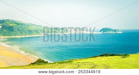 Beach Of Zarauz At Summer Day, Pais Vasco, Spain, Retro Toned