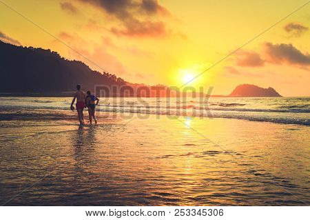 Orange Sunset Over Zarauz City Beach, Pais Vasco, Spain, Retro Toned