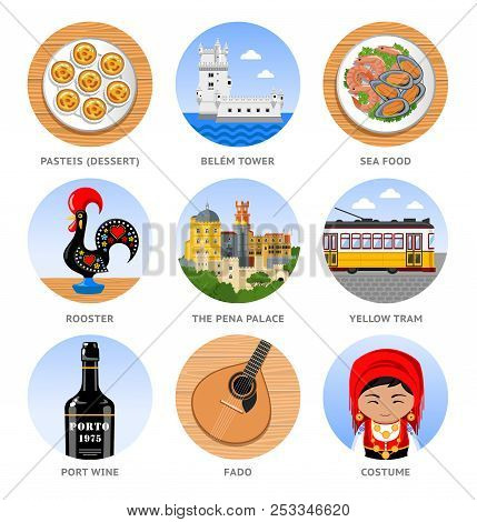 Travel To Portugal. Set Of Traditional Cultural Symbols, Cuisine, Architecture. Collection Of Colorf