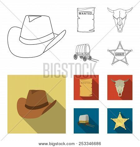 Cowboy Hat, Is Searched, Cart, Bull Skull. Wild West Set Collection Icons In Outline, Flat Style Vec