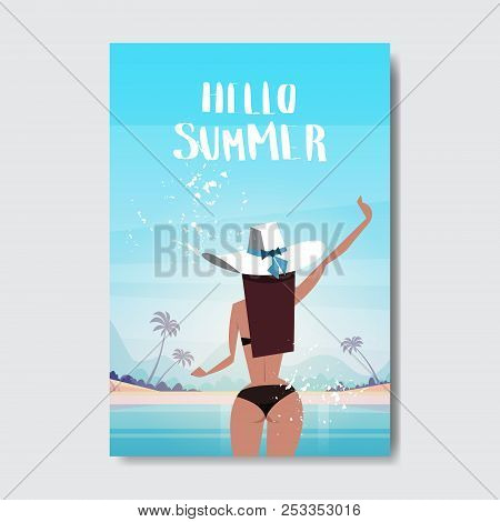 Sexy Woman Raise Hand Up Sunny Beach Booty Bare Rear View Ass Bikini Summer Vacation Badge Portrait 