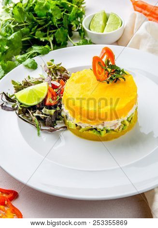 Peruvian Food. Causa Rellena De Pollo. Chicken Causa Rellena. Traditional Peruvian Dish From Yellow 