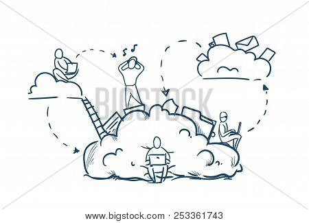 Business People Stairs On Data Cloud Storage Cycles Synchronization Concept Team Working On White Ba