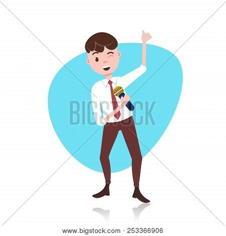 Man Character Holding Microphone Toastmaster Template For Design Work Or Animation Over White Backgr