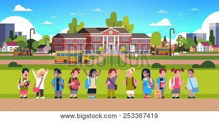 Mix Race Pupils Over Yellow Bus School Building Exterior Girl Boy Transport Concept 1 September Flat