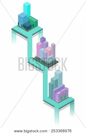 Isometric 3d Cityscape View Of The Top Of The House And Street Tres. Vector Illustration.