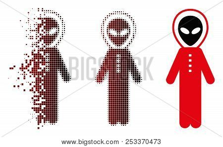 Vector Alien Skafandr Icon In Sparkle, Pixelated Halftone And Undamaged Whole Versions. Disappearing