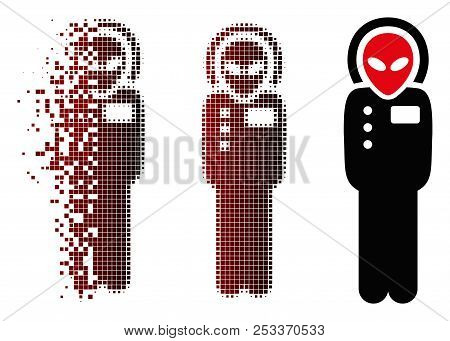 Vector Alien Visitor Skafandr Icon In Sparkle, Pixelated Halftone And Undamaged Solid Versions. Disi