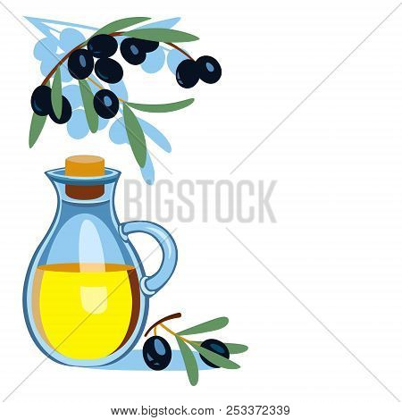 Jug With Olive Oil Plugged With A Stopper, Olive Branche With Silhouette Of Another Branch At The Ba