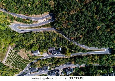 Winding Road Serpentine From A High Mountain Pass In The Mosel Village Brodenbach Germany Aerial Vie