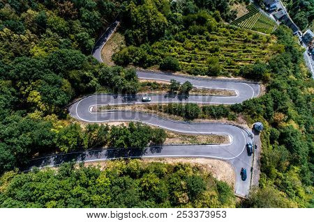 Winding Road Serpentine From A High Mountain Pass In The Mosel Village Brodenbach Germany Aerial Vie