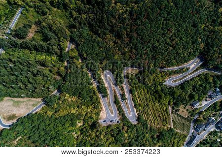 Winding Road Serpentine From A High Mountain Pass In The Mosel Village Brodenbach Germany Aerial Vie
