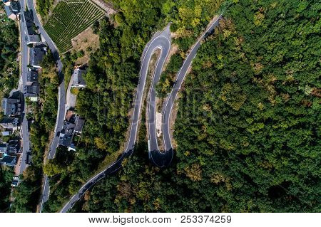 Winding Road Serpentine From A High Mountain Pass In The Mosel Village Brodenbach Germany Aerial Vie