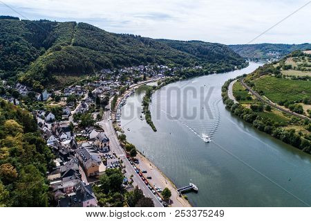 Aerial View Of The Mosel Village Brodenbach In Germany On A Sunny Summer Day