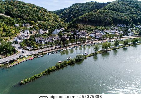 Aerial View Of The Mosel Village Brodenbach In Germany On A Sunny Summer Day