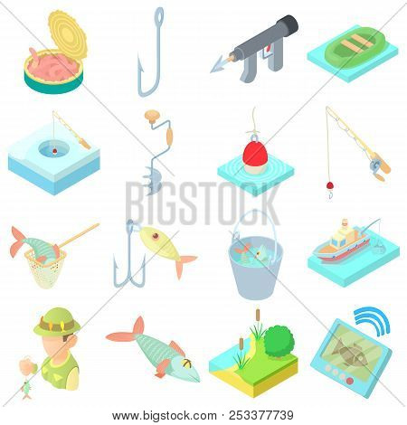 Fishing Icons Set In Cartoon Style. Fisher Equipment Set Collection Illustration