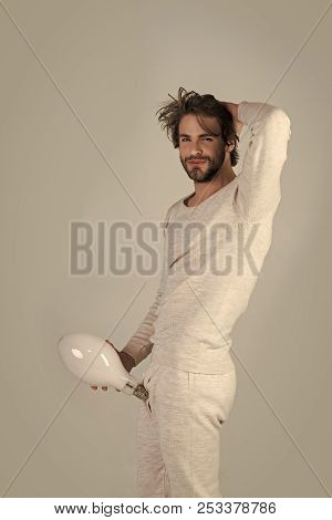 Solution And Decision, Big Size. Penis Enlargement. Energy And Electricity. Man With Disheveled Hair